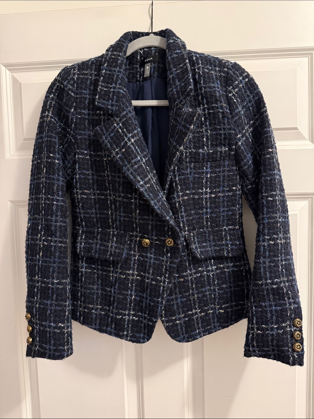 Aqua Navy Plaid Tweed Double-Breasted Blazer with Gold Buttons